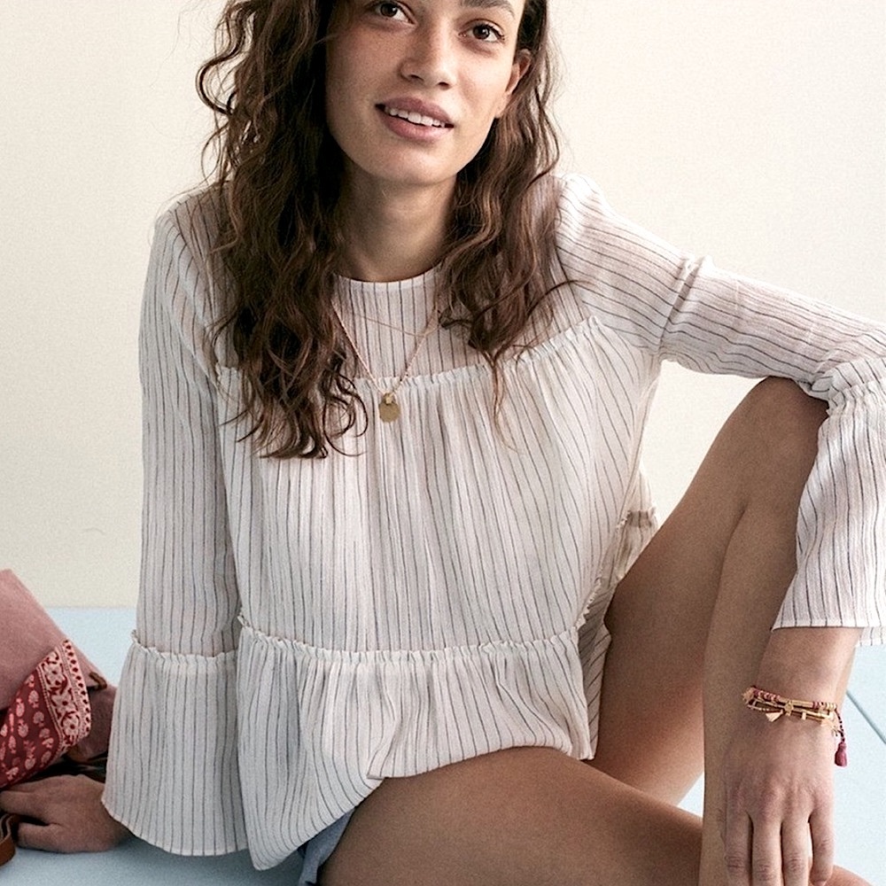 Madewell Tiered Top Haysboro Stripe Long Sleeve Flowy Blouse Pom Pom Tassels
